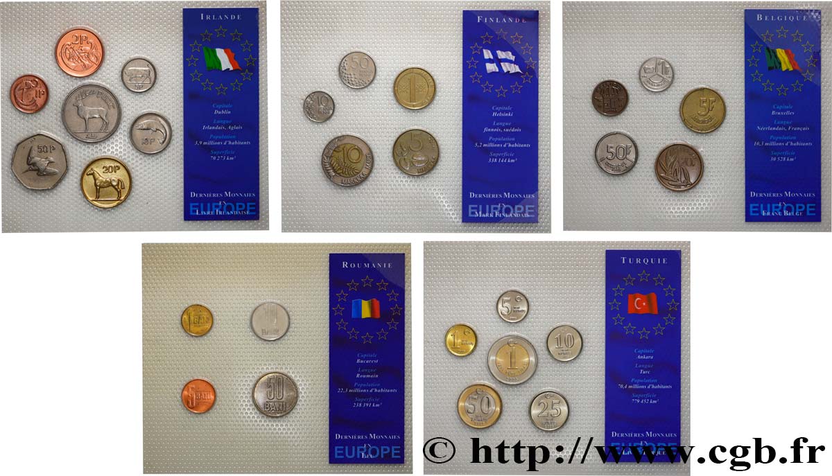 LOTES DE MONEDAS DEL MUNDO Lot de 5 plaquettes de monnaies - Belgique, Finlande, Irlande, Roumanie et Turquie n.d.  SC 