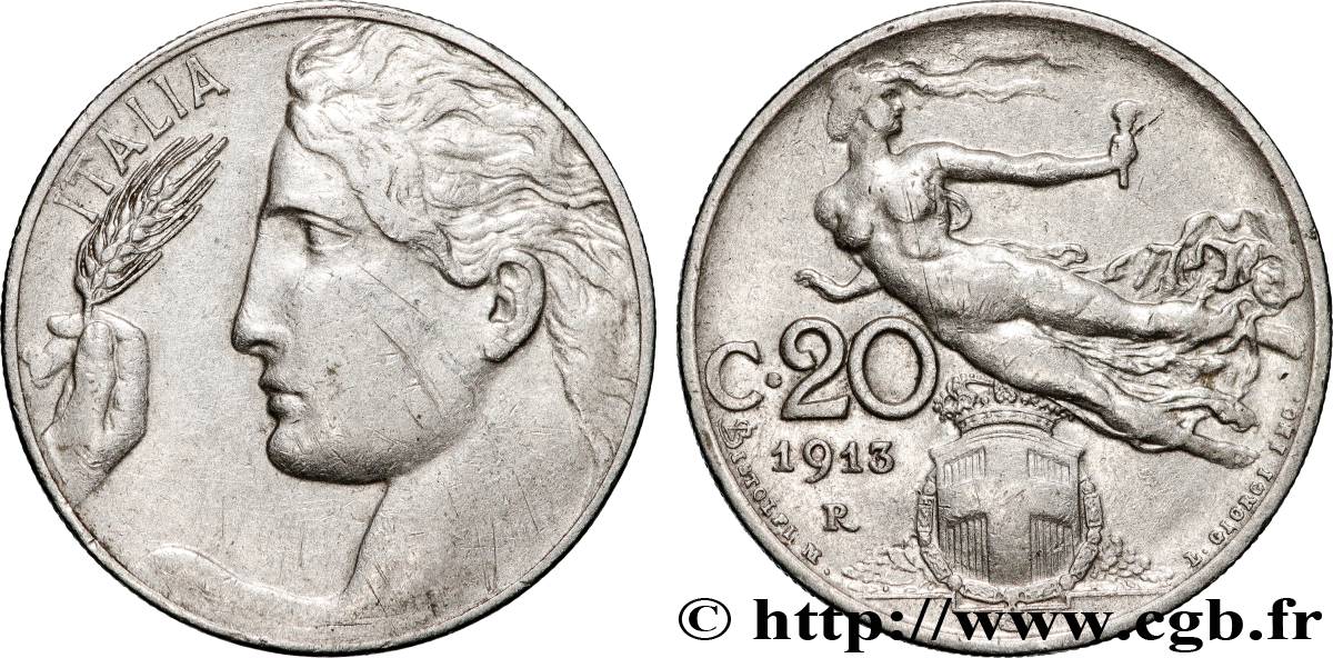 ITALY 20 Centesimi allégorie de la Liberté 1913 Rome XF 