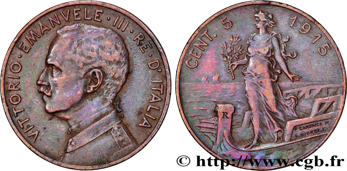 ITALY 5 Centesimi Victor Emmanuel III 1915 Rome XF 