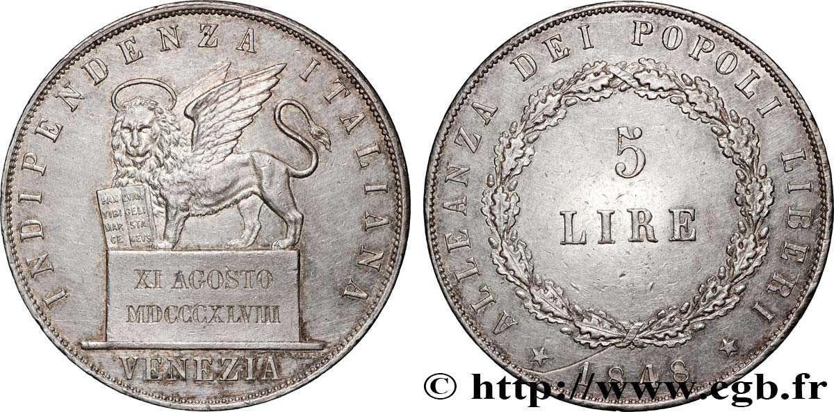 ITALIE - RÉPUBLIQUE DE VENISE 5 Lire 1848 Venise q.SPL 