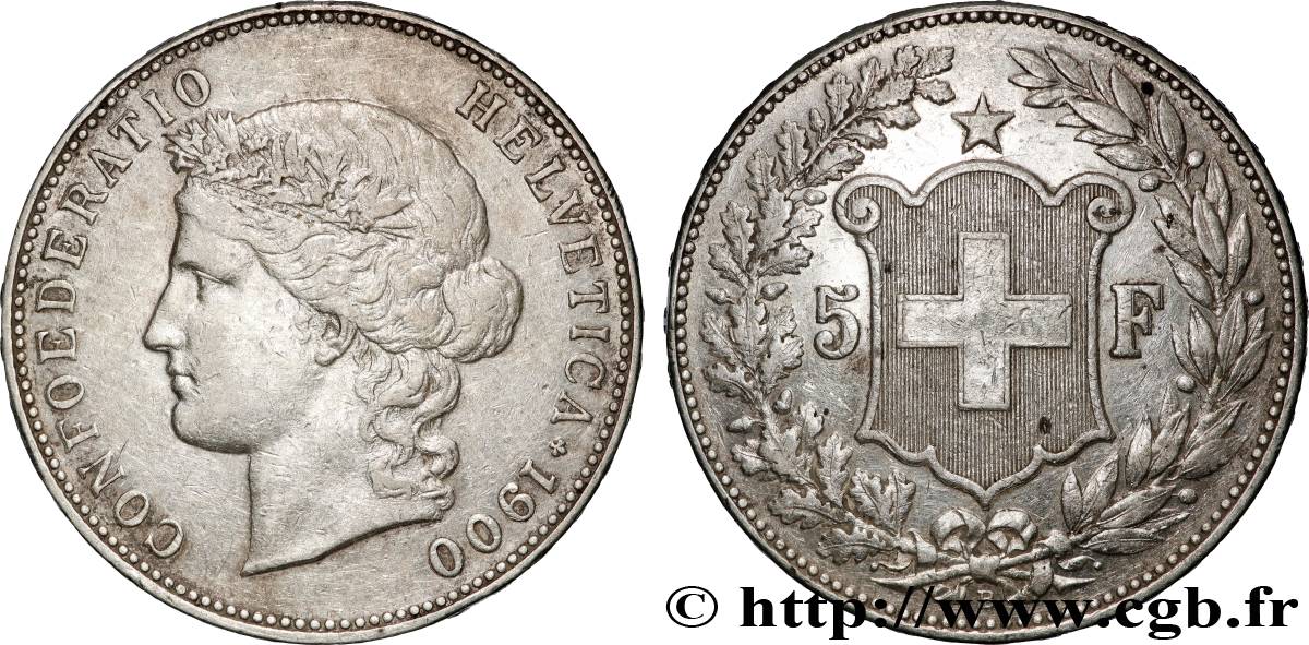 SWITZERLAND - CONFEDERATION OF HELVETIA 5 Francs Helvetia 1900 Berne VF 