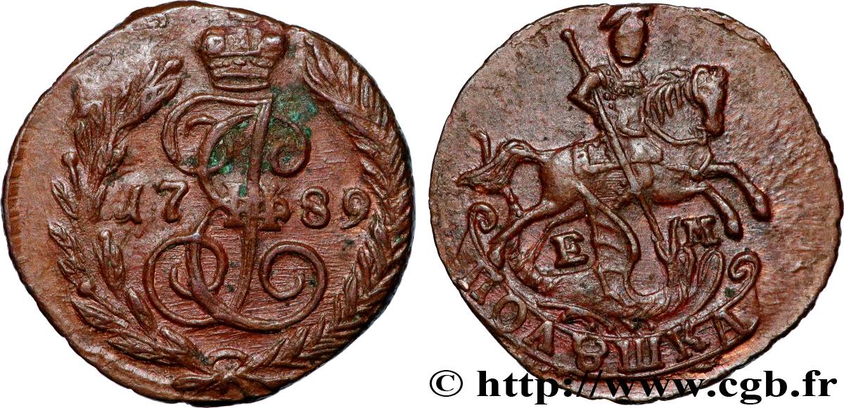 RUSSIE 1 Polushka (1/4 Kopeck) monograme de Catherine II / St Georges terrassant le dragon 1789 Ekaterinbourg TTB+ 