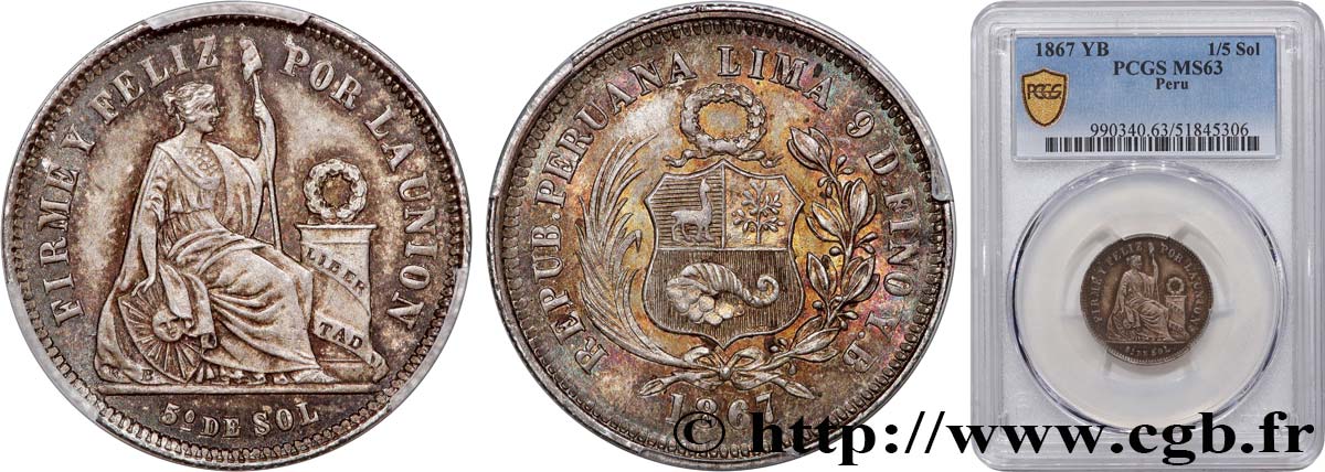 PÉROU 1/5 Sol “Liberté” assise 1867 Lima SPL63 PCGS