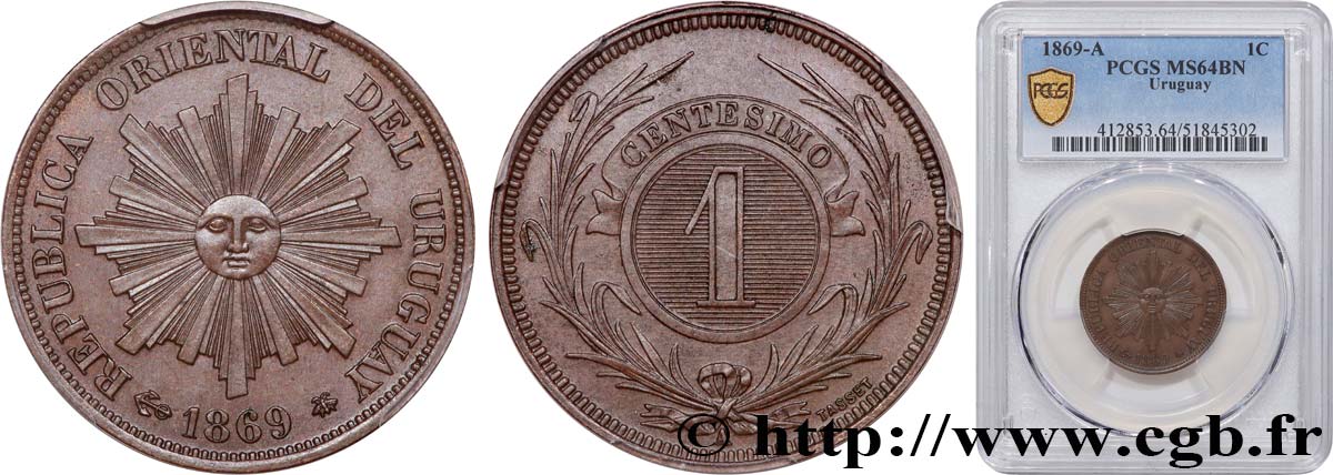 URUGUAY 1 Centesimo 1869 Paris SPL64 PCGS
