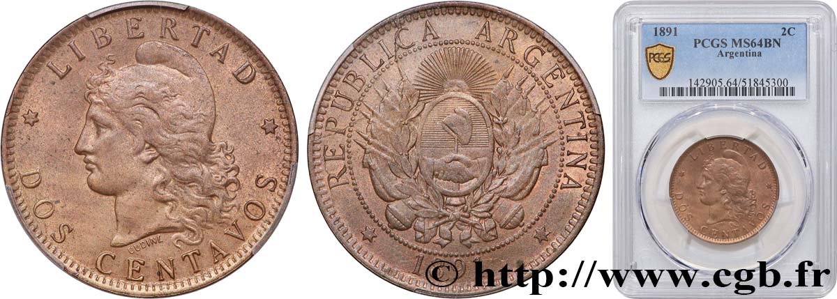 ARGENTINA 2 Centavos “Liberté” 1891  MS64 PCGS