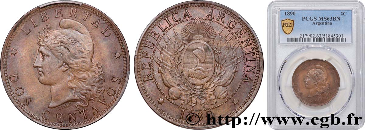 ARGENTINA 2 Centavos 1890  MS63 PCGS