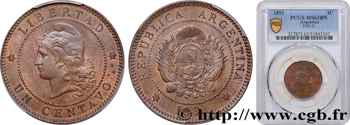 ARGENTINE 1 Centavo 1891  SPL63 PCGS