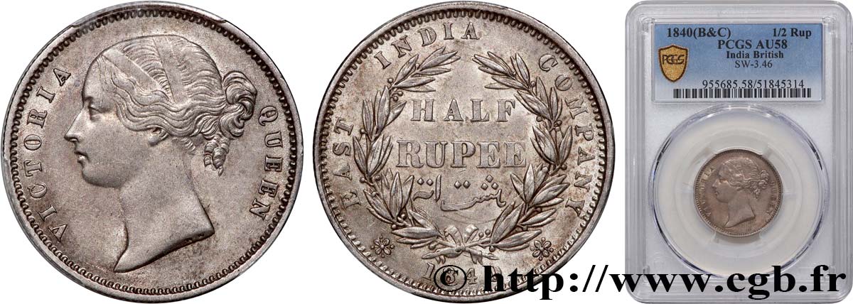INDIA BRITANNICA 1/2 Rupee (Roupie) East India Company Victoria 1840 Bombay ou Calcutta SPL58 PCGS