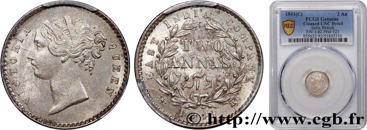 BRITISH INDIA 2 Annas East India Company Victoria 1841 Bombay MS PCGS