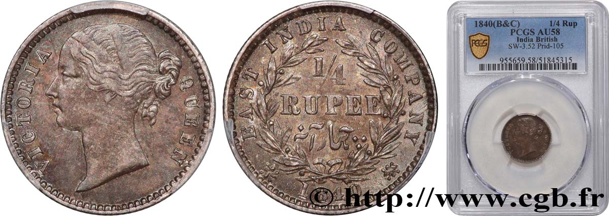 BRITISH INDIA 1/4 Roupie East India Company Victoria 1840  AU58 PCGS