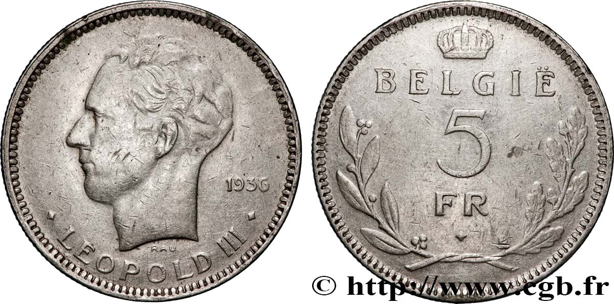 BELGIQUE 5 Frank (Franc) Léopold III 1936 Bruxelles TB+ 