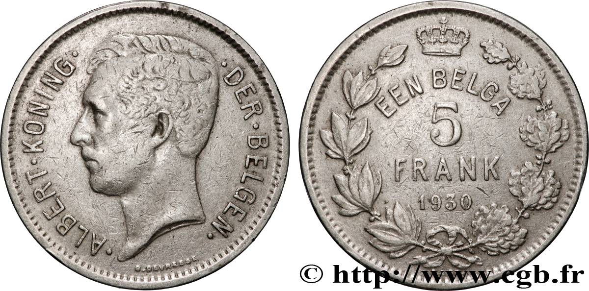 BELGIUM 5 Frank - 1 Belga Albert Ier légende Flamande 1930 Bruxelles XF 