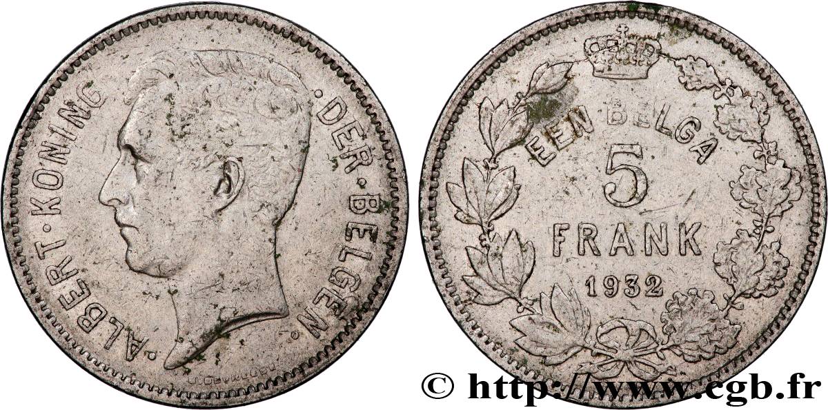 BELGIUM 5 Frank - 1 Belga Albert Ier légende Flamande 1932 Bruxelles VF 