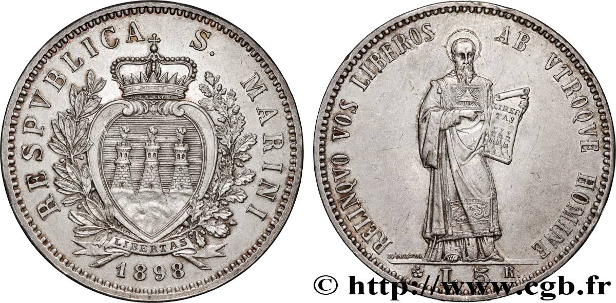 RÉPUBLIQUE DE SAINT- MARIN 5 Lire 1898 Rome TTB+ 