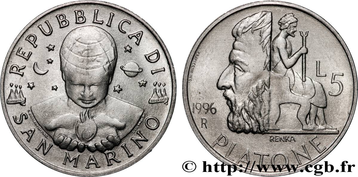 SAN MARINO 5 Lire Philosophe d’occident - Platon 1996 Rome - R SPL 