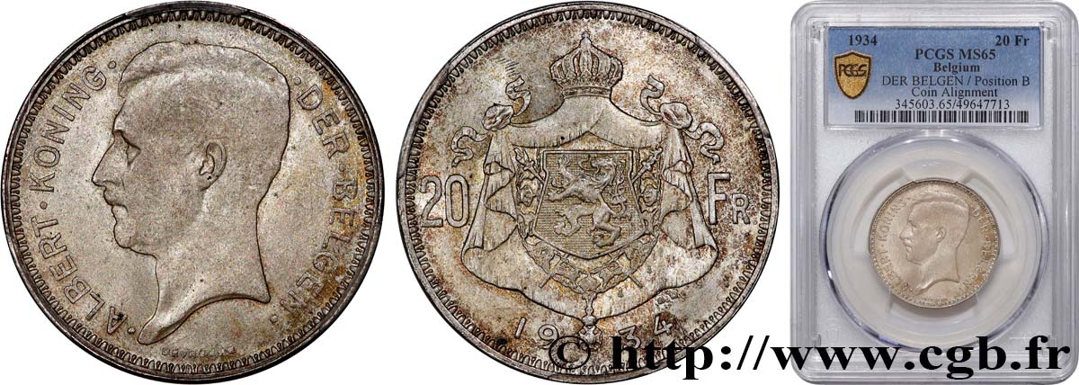 BELGIUM 20 Franken (Francs) Albert Ier légende Flamande 1934  MS65 PCGS