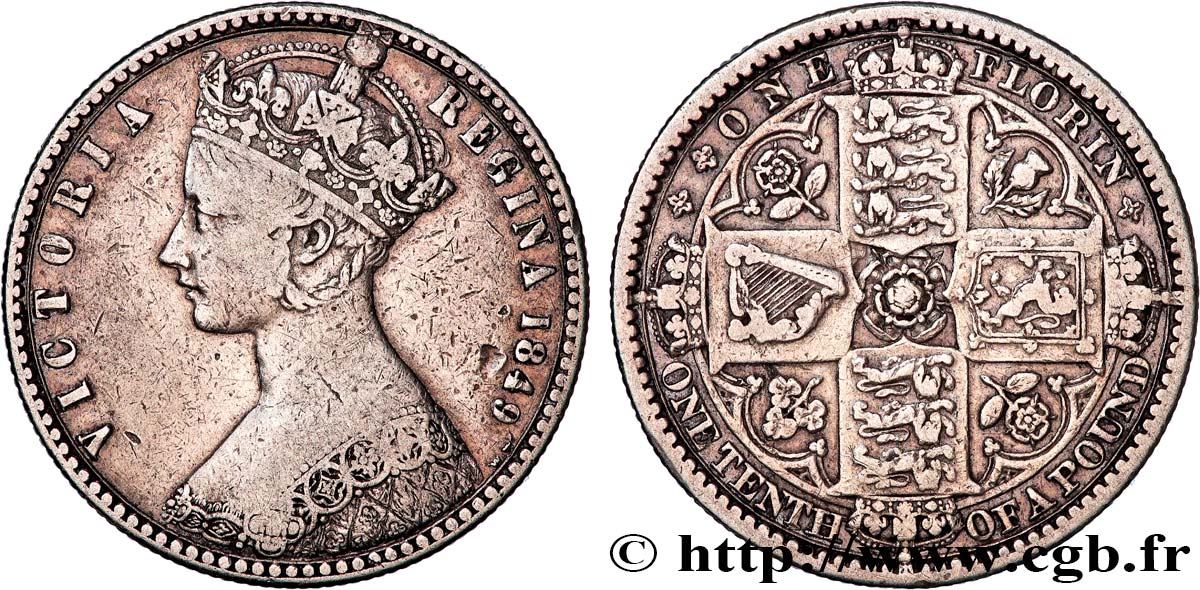UNITED KINGDOM 1 Florin Victoria couronnée style gothique 1849 Londres VF 