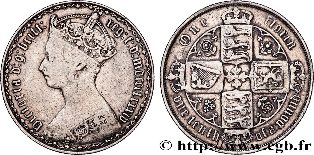 UNITED KINGDOM 1 Florin Victoria couronnée style gothique 1884 Londres VF 