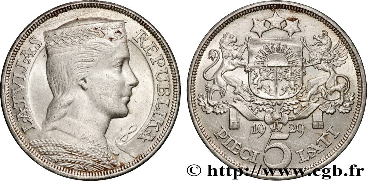 LETTONIE 5 Lati 1929  TTB+ 