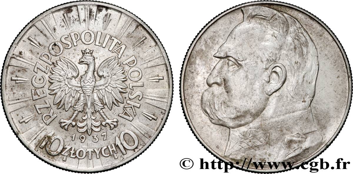POLOGNE 10 Zlotych Maréchal Pilsudski 1937 Varsovie TTB 