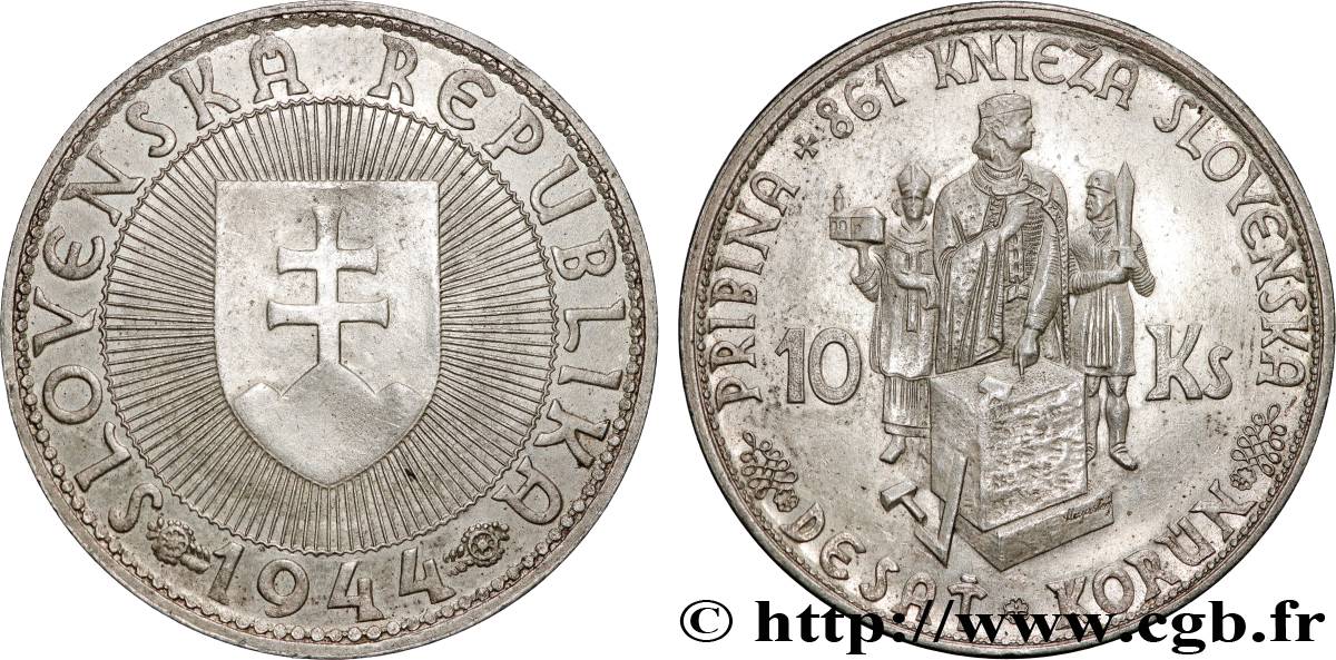 SLOVAKIA 10 Korun Prince Pribina variété avec croix sur l’église 1944 Kremnica AU 