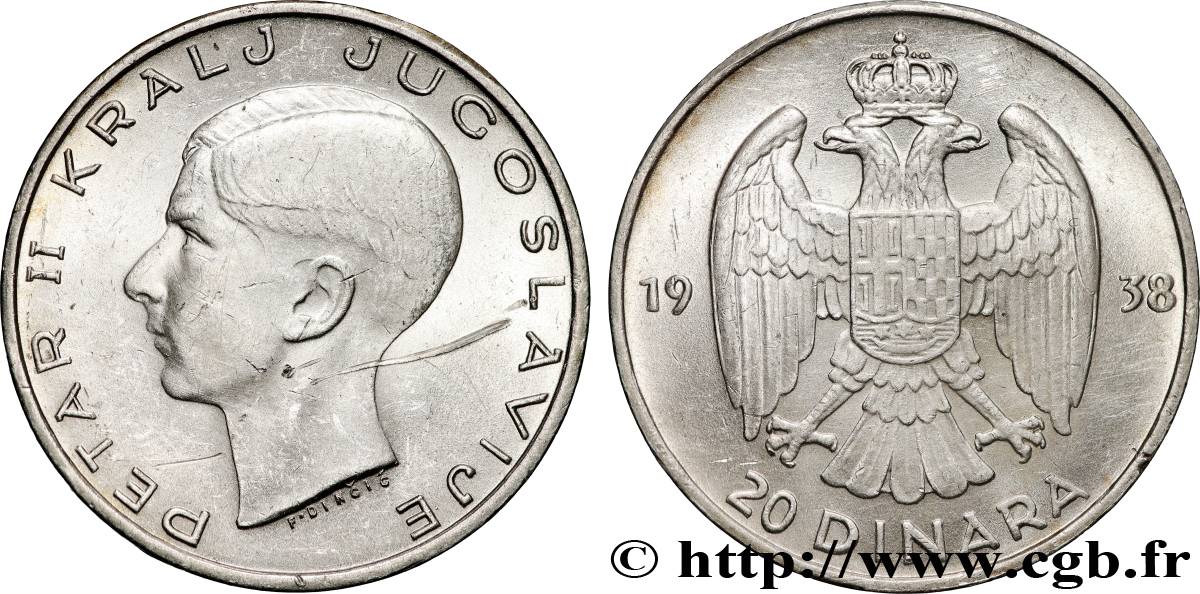 YOUGOSLAVIE 20 Dinara Pierre II 1938  TTB+ 