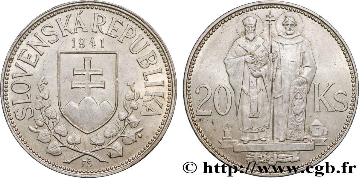 SLOVAQUIE 20 Korun St Cyril et St Méthode variété avec croix à simple barre 1941  SUP 