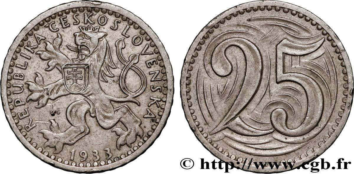 TCHÉCOSLOVAQUIE 25 Haleru lion tchèque 1933  TTB+ 