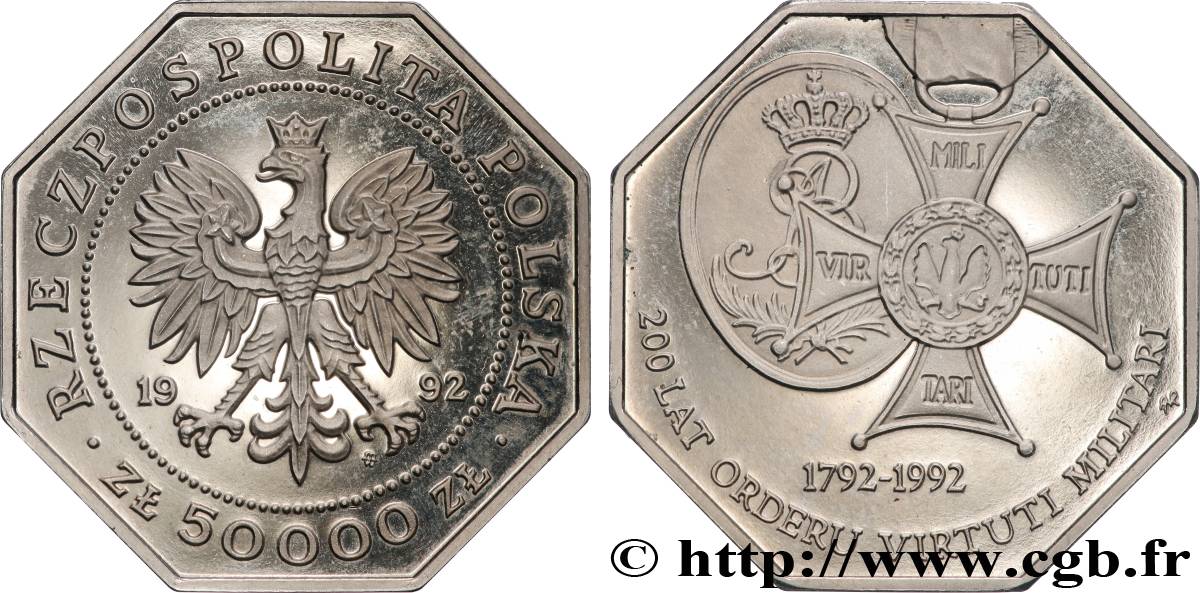 POLOGNE 50.000 Zlotych Proof 200e anniversaire de l’ordre Virtuti Militari 1992 Varsovie SUP 