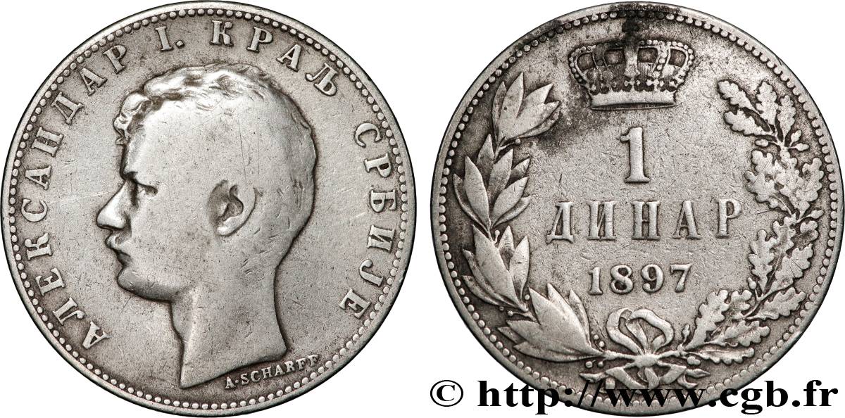 SERBIA 1 Dinar Alexandre Ier 1897 Paris VF 
