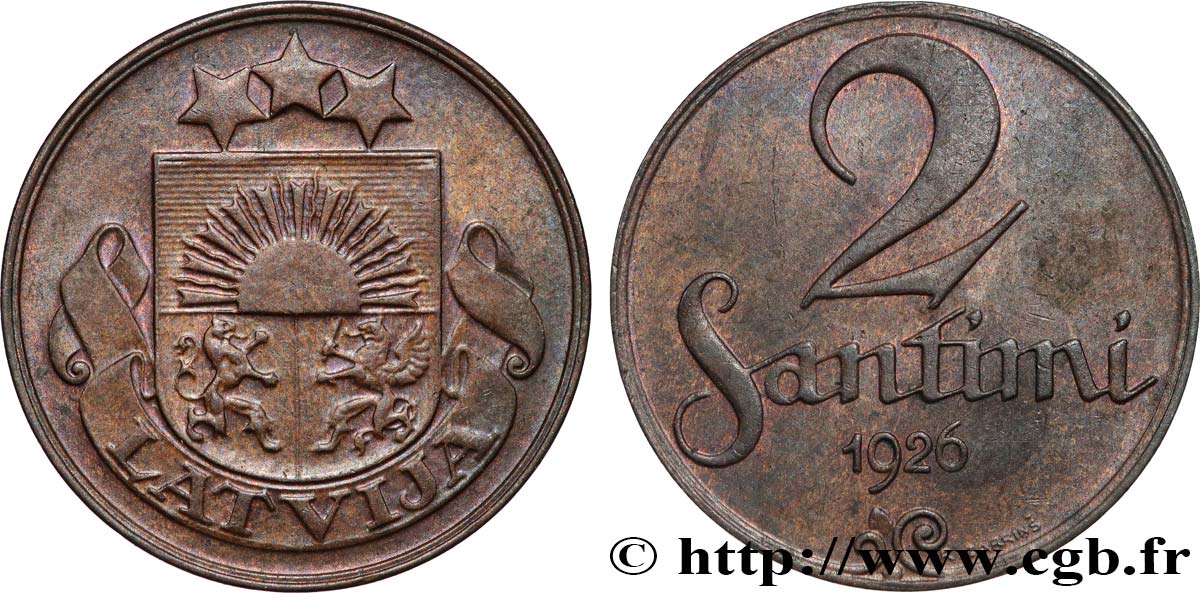 LETTONIE 2 Santimi emblème  1926 Birmingham TTB+ 