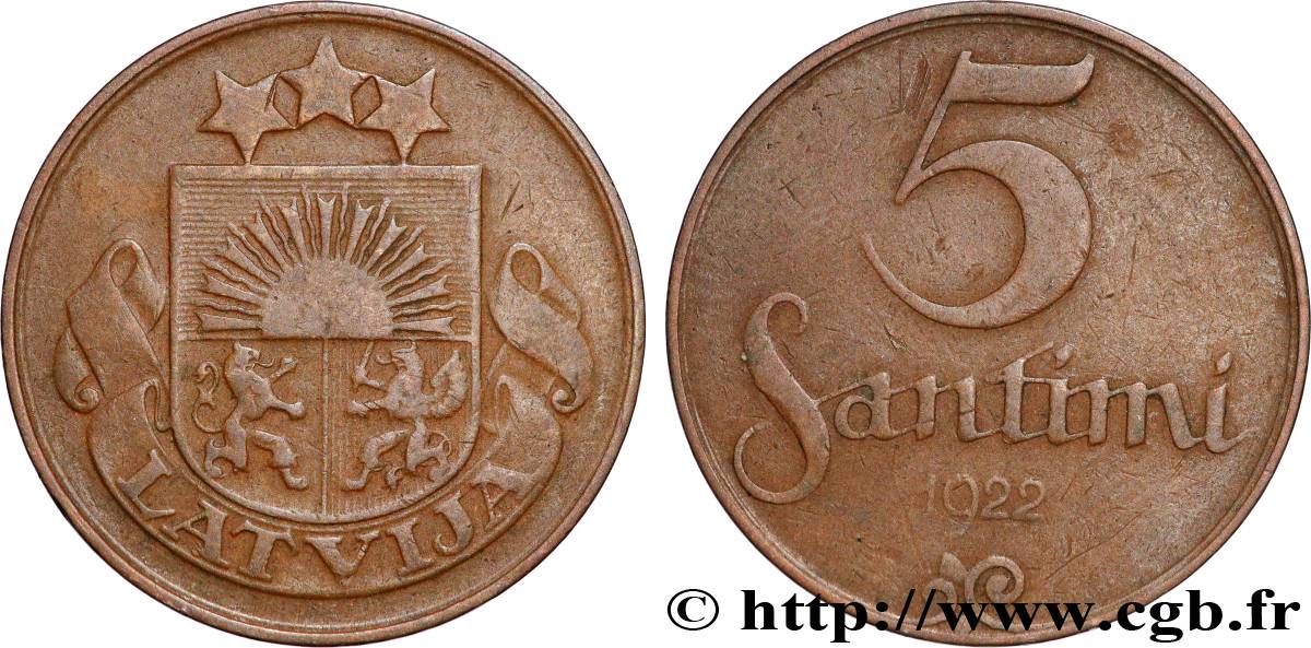 LETONIA 5 Santimi emblème variété avec nom d’atelier 1922 Huguenin, Le Locle, Suisse BC+ 