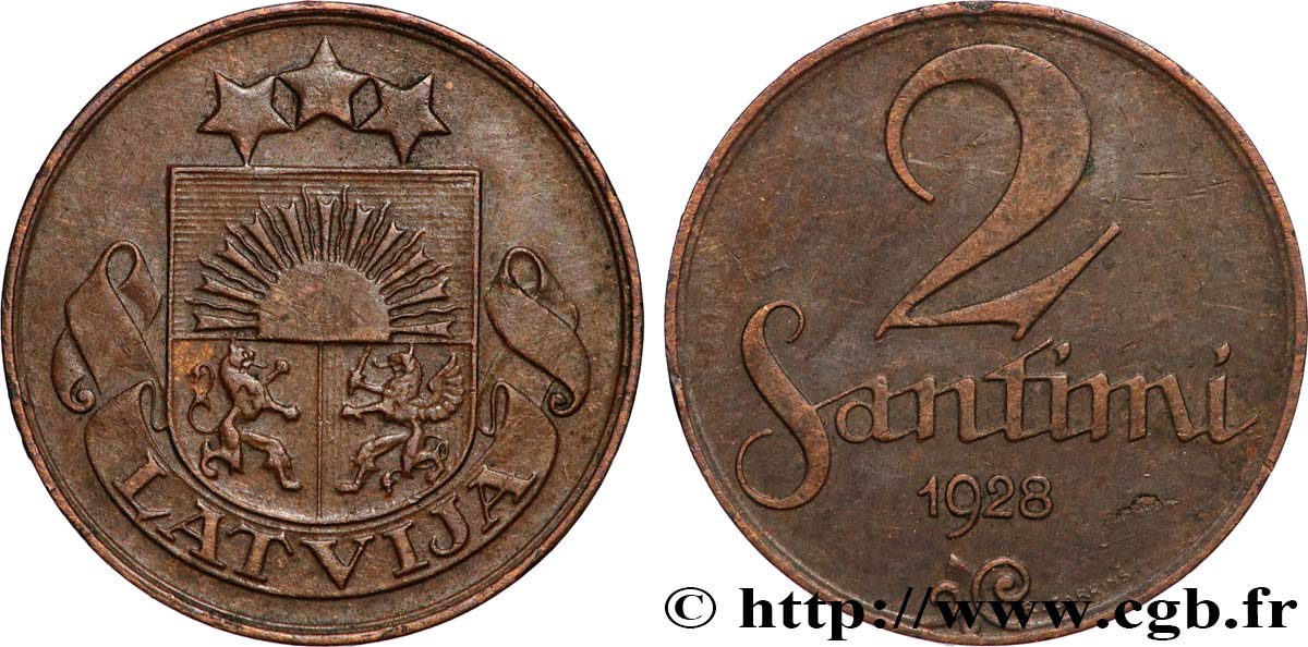 LETONIA 2 Santimi emblème 1928  MBC+ 