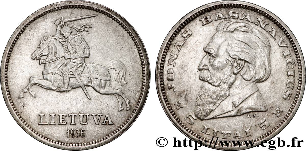 LITUANIE 5 Litai chevalier Vitis / Dr Jonas Basanavicius 1936  TTB+ 