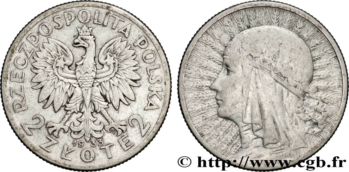 POLOGNE 2 Zlote reine Jadwiga 1933 Varsovie TB+ 