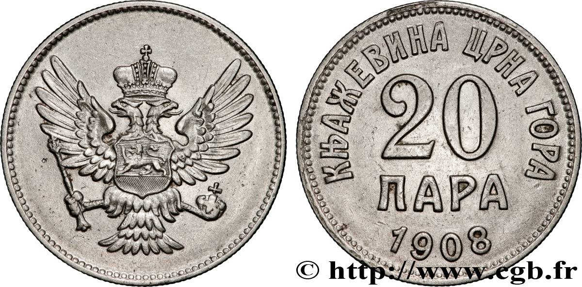 MONTENEGRO 20 Para aigle bicéphale 1908  MBC+ 