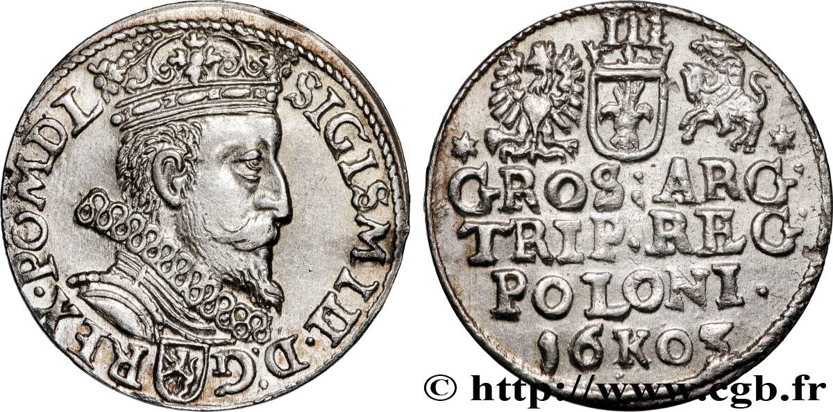 POLAND 3 Groschen Sigismond III Vasa 1605  AU 