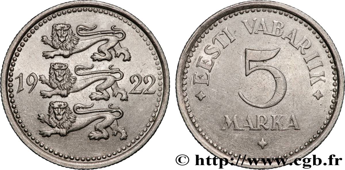 ESTONIA 5 Marka emblème aux 3 lions 1922  AU 
