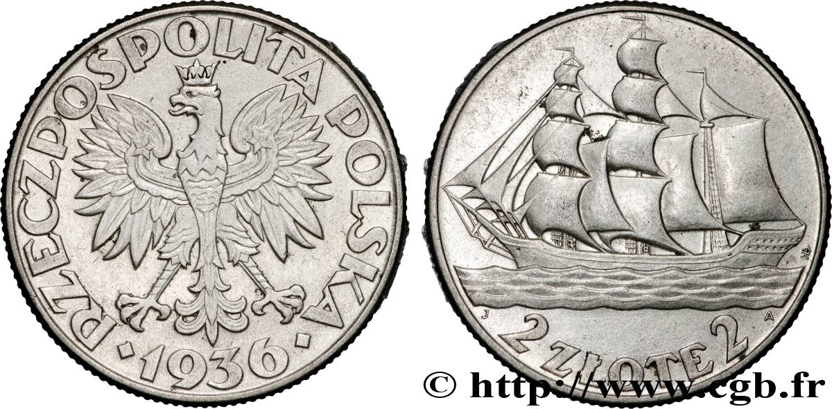 POLOGNE 2 Zlote 15e anniversaire du port de Gdynia 1936 Varsovie TTB+ 