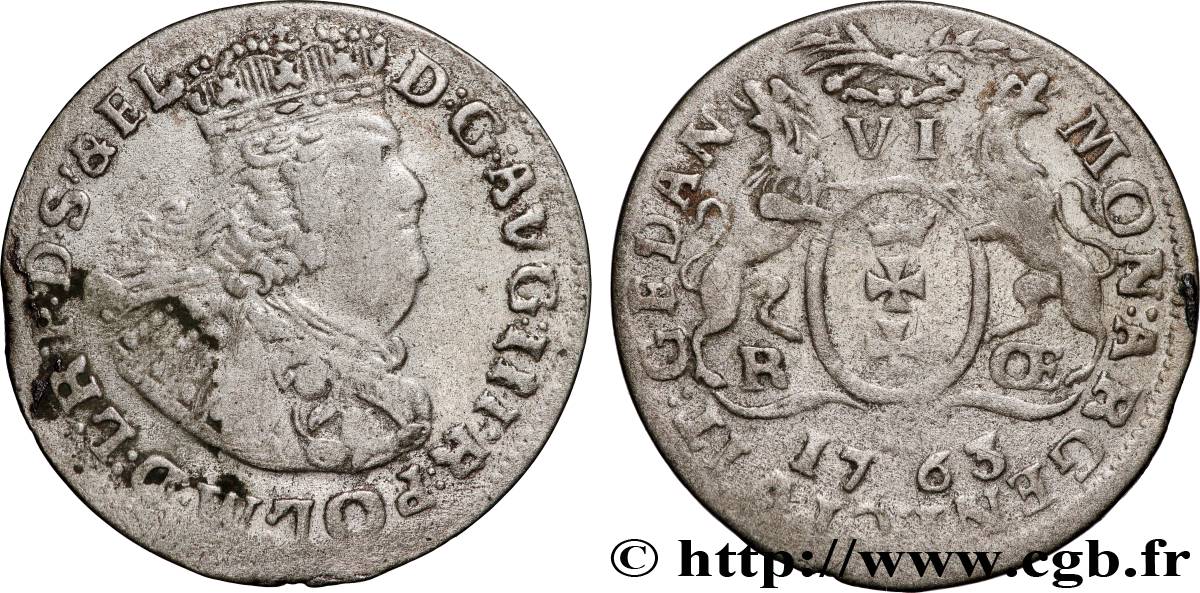 POLOGNE 6 Groszy Auguste III 1763 Gdansk TB 