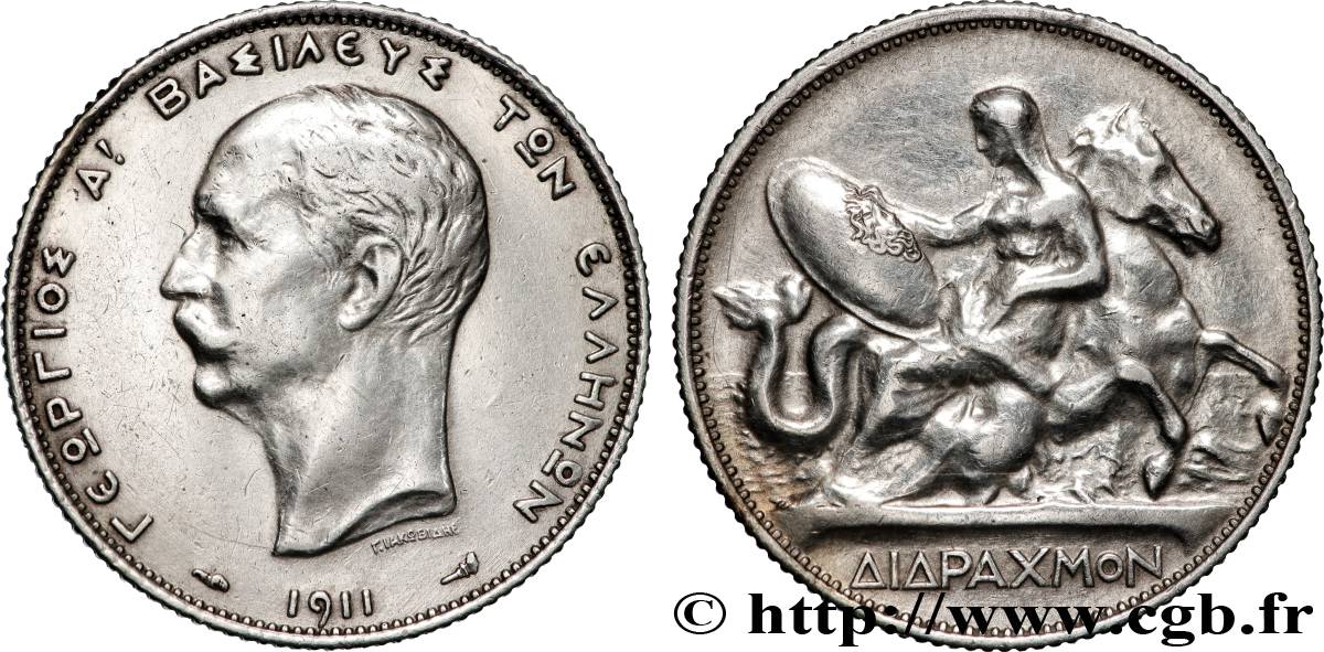 GRÈCE - ROYAUME DE GRÈCE - GEORGES Ier 2 Drachmes 1911 Paris TTB 