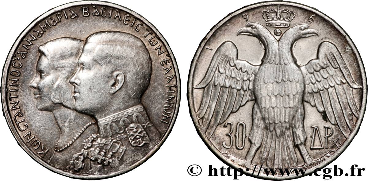 GRÈCE 30 Drachmes mariage royal 1964 Kongsberg, Norvège TTB+ 