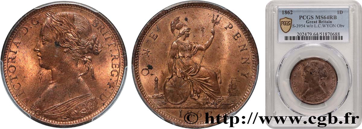 UNITED KINGDOM 1 Penny Victoria “Bun Head” 1862 Londres MS64 PCGS