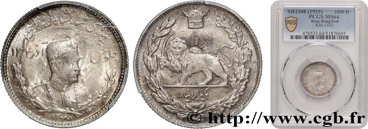 IRAN 1000 Dinars Reza Shah SH1308 (1929) Téhéran MS64 PCGS