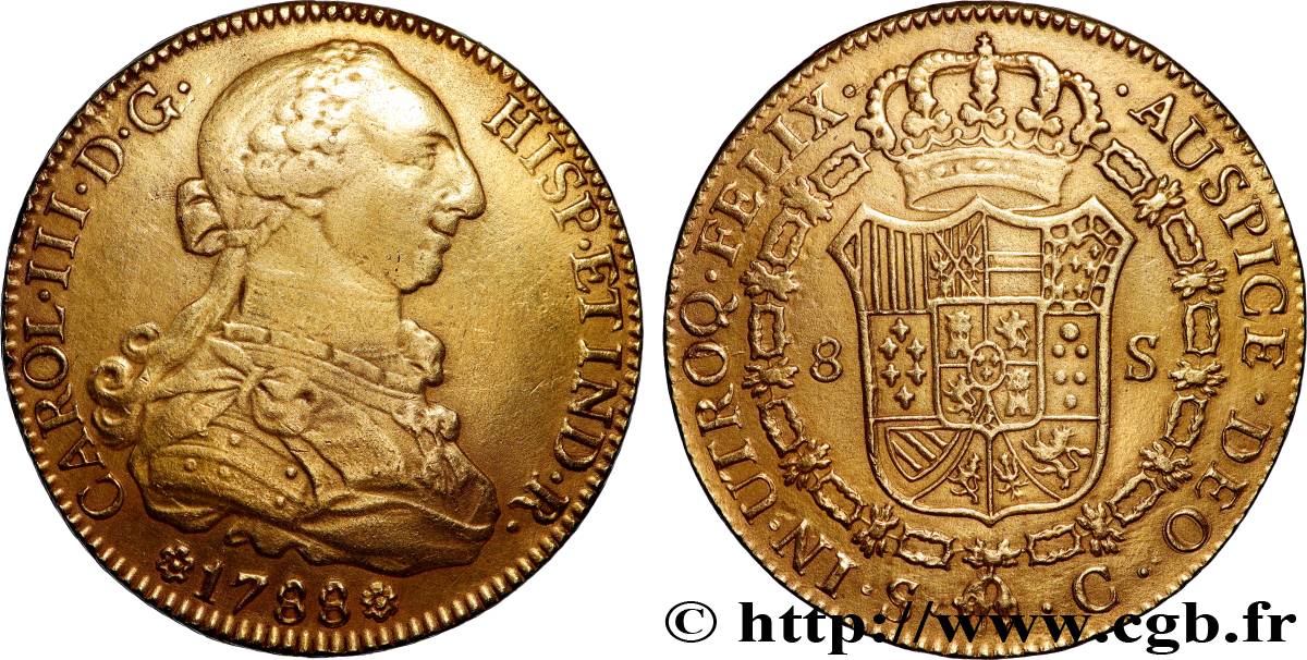 SPAIN - KINGDOM OF SPAIN - CHARLES III 8 Escudos 1788 Séville XF 
