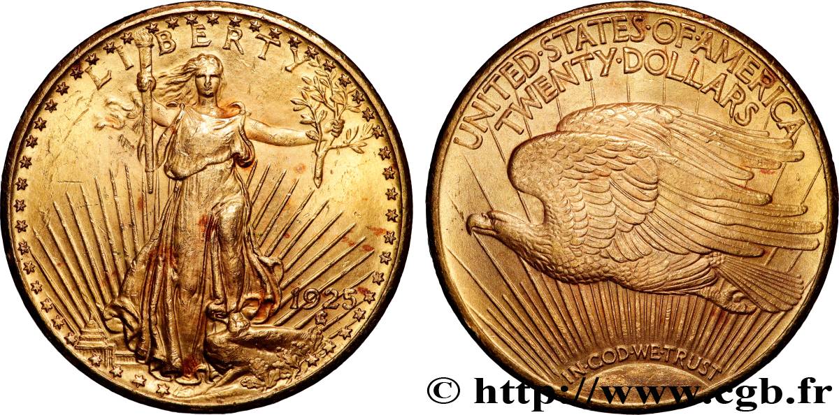 OR, PALLADIUM ET PLATINE INVESTISSEMENT 20 Dollars  Saint-Gaudens” 1925 Philadelphie TTB+ 