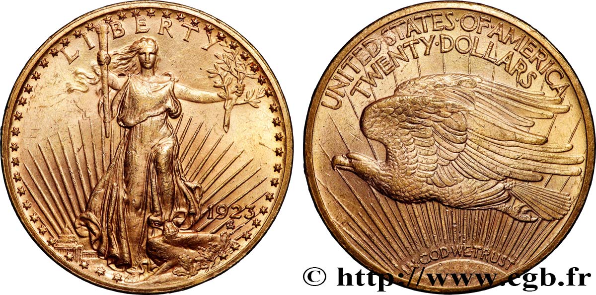 OR, PALLADIUM ET PLATINE INVESTISSEMENT 20 Dollars  Saint-Gaudens” 1923 Philadelphie TTB+ 