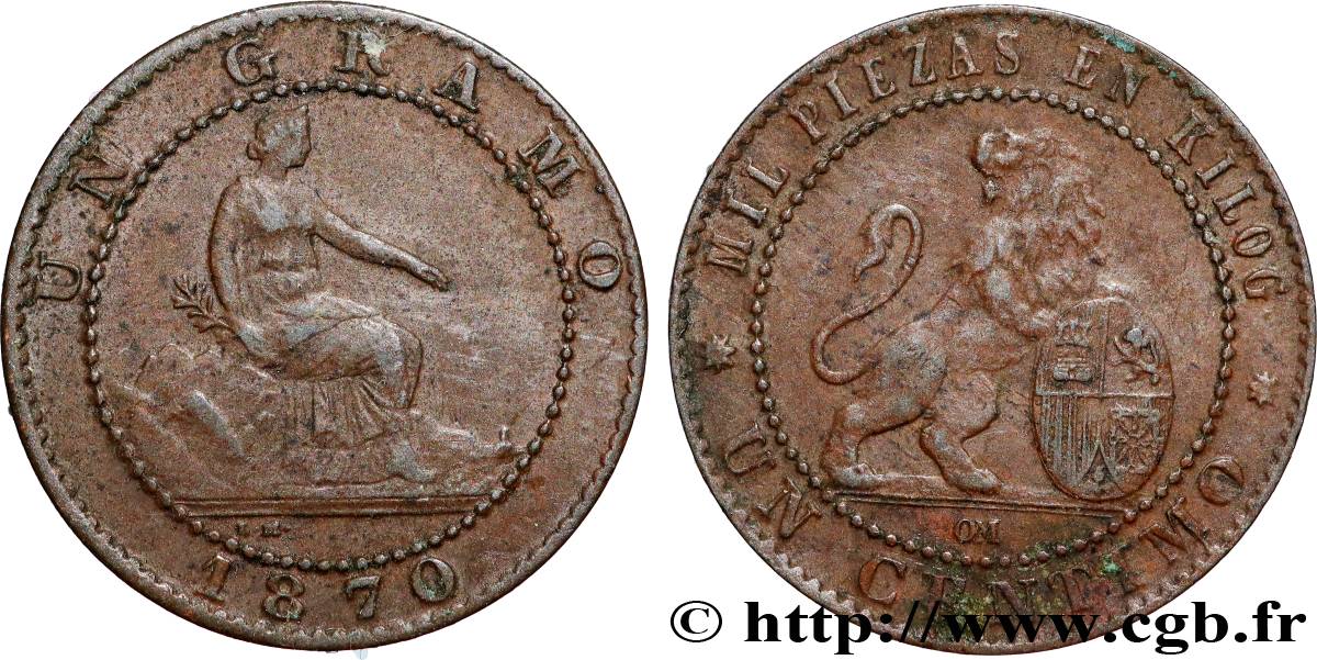 SPAIN 1 Centimo monnayage provisoire “ESPAÑA” assise / lion au bouclier 1870 Oeschger Mesdach & CO XF 