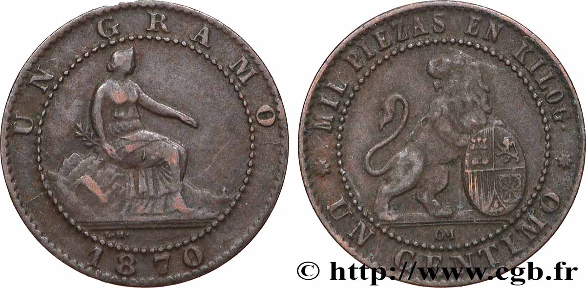 SPAGNA 1 Centimo monnayage provisoire “ESPAÑA” assise / lion au bouclier 1870 Oeschger Mesdach & CO BB 