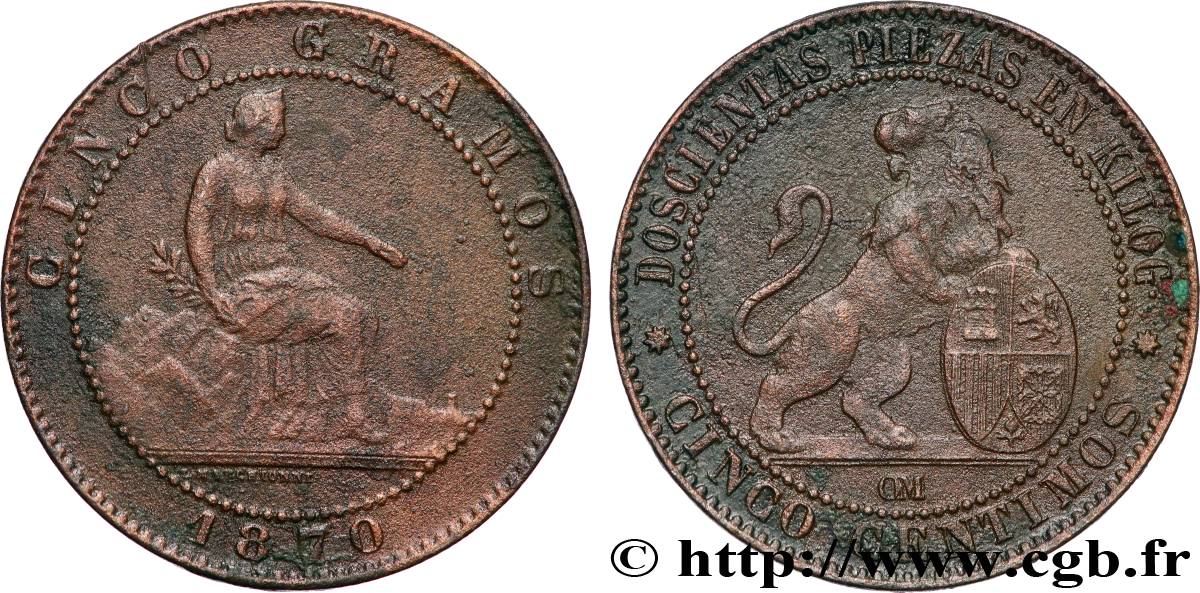 SPAIN 5 Centimos “ESPAÑA” 1870 Oeschger Mesdach & CO VF 